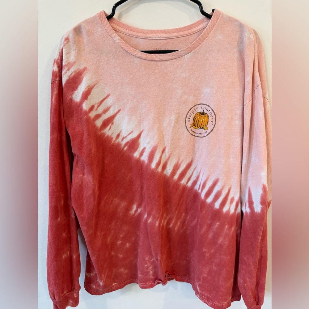 Simply Southern Hello Fall Tie Dye Long Sleeve Graphic Tee Pumpkin Scarecrow, XL